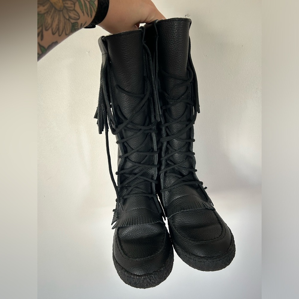 Made In Canada Black Leather Fringed Mukluks Fleece Lined Boots Lace-up 10 M - Picture 4 of 13